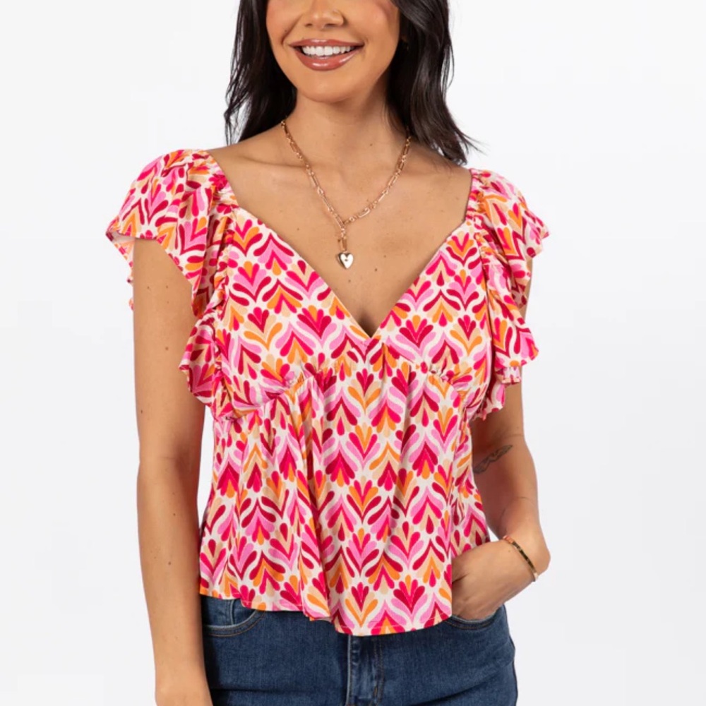 Ruffled Flutter Sleeve Pink and Red Blouse